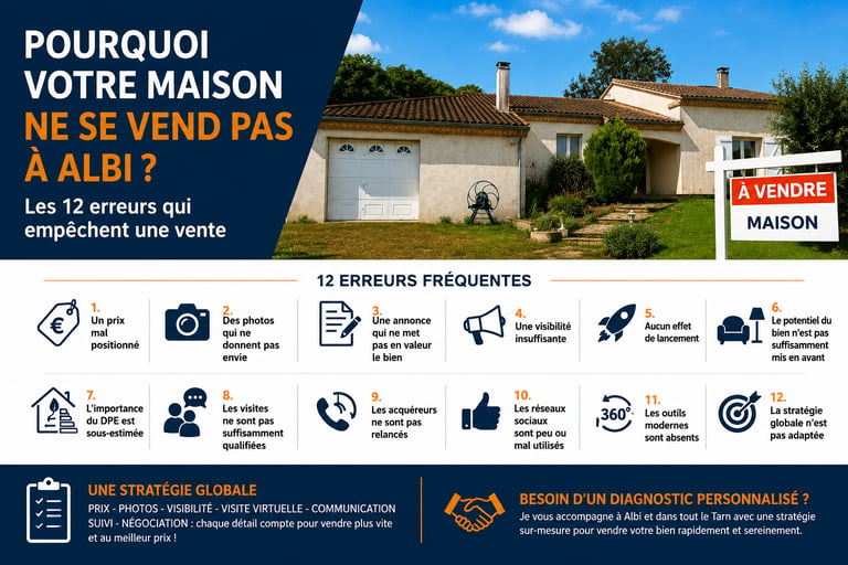 image qui reprend les 12 erreurs d'une maison qui ne se vend pas
