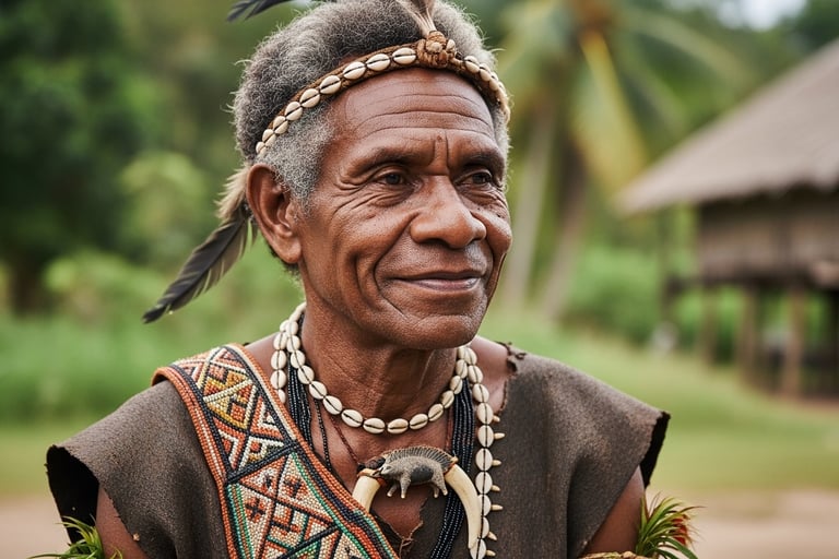 A respectful, smiling portrait of an Indonesian indigenous community leader