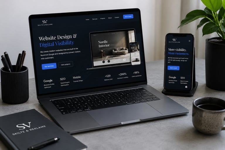 Professional website design and digital visibility solutions for businesses in Denmark displayed on laptop and mobile screens