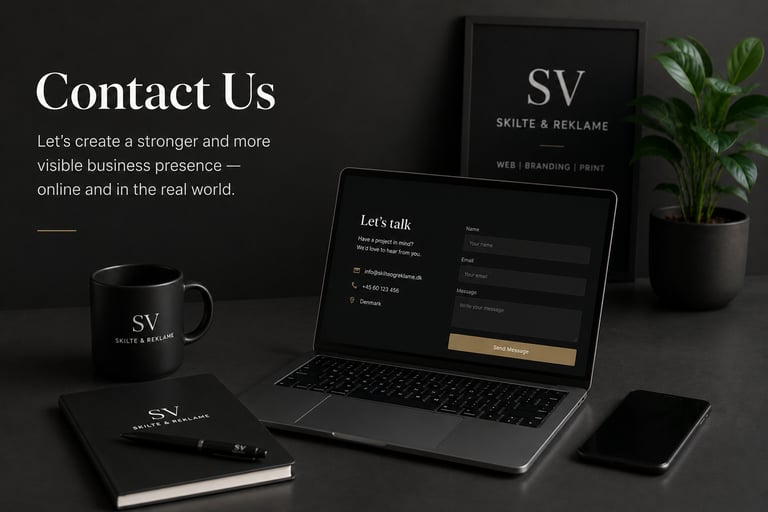 Modern contact page workspace for branding, website design and digital visibility services in Denmark.