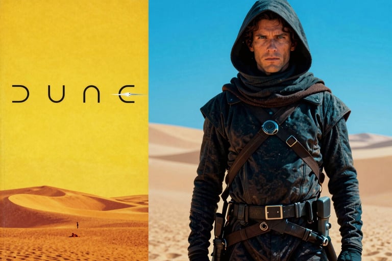 High-contrast split-screen composition, on the left a vintage yellow paperback cover of Dune, on the right a highly saturated blue-gel lit film still of a desert warrior, bold pop-art style.