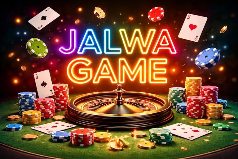  Jalwa Game casino display featuring a roulette wheel, stacks of chips, and flying playing cards.