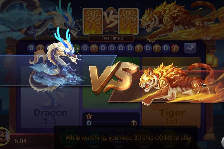 Jalwa Game a Dragon Tiger mobile casino game  featuring a blue dragon vs a flaming orange tiger.