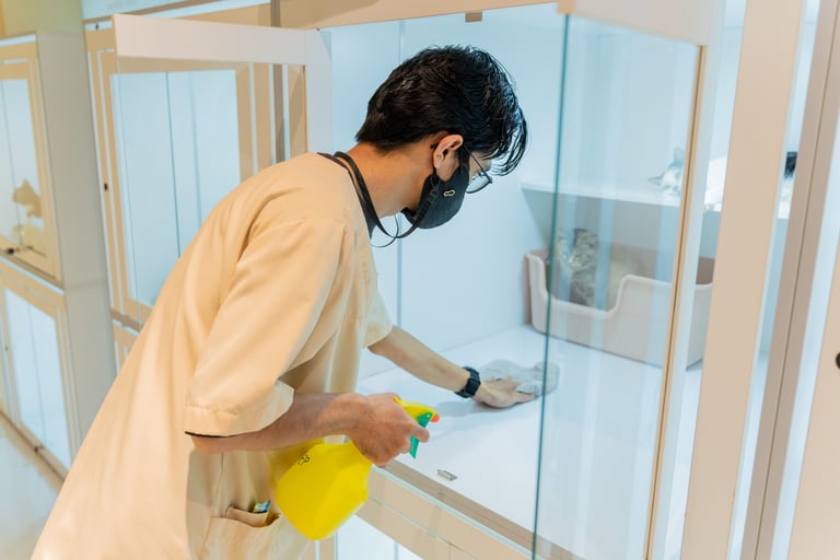 Staff cleaning Moly Cat Hotel rooms with pet-safe disinfectant to ensure a germ-free environment.