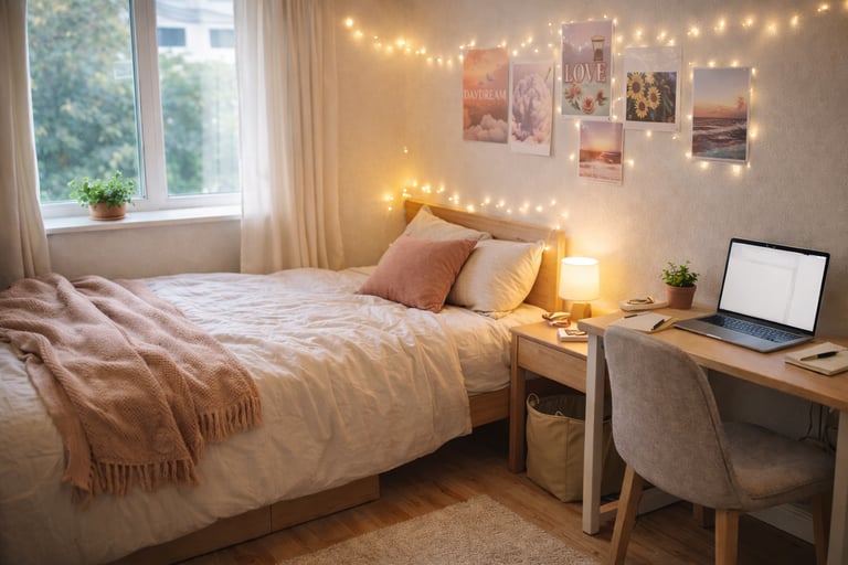 Cozy bedroom aesthetic with fairy lights, a wooden desk with a laptop, and a bed with a pink throw blanket.