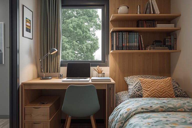 Small modern bedroom with a compact wooden desk, laptop, and built-in bookshelves next to a window.
