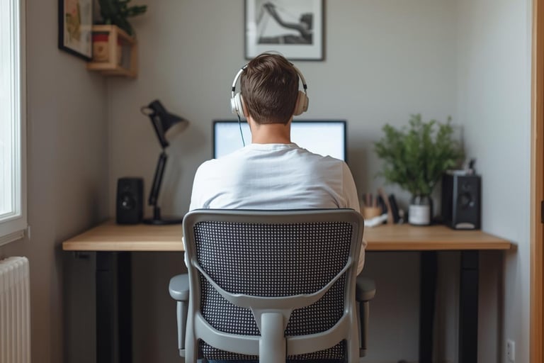 A man wearing headphones works at a modern home office desk with an ergonomic chair and computer.