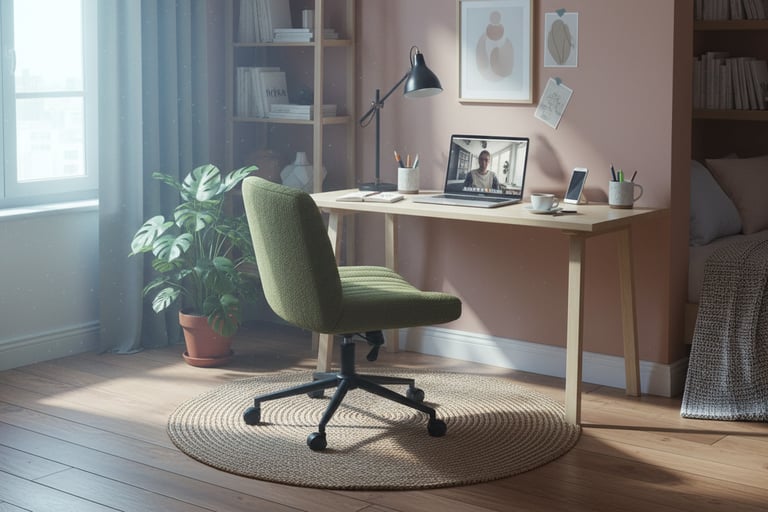 Modern home office setup with a green ergonomic chair, wooden desk, and laptop in a cozy room.