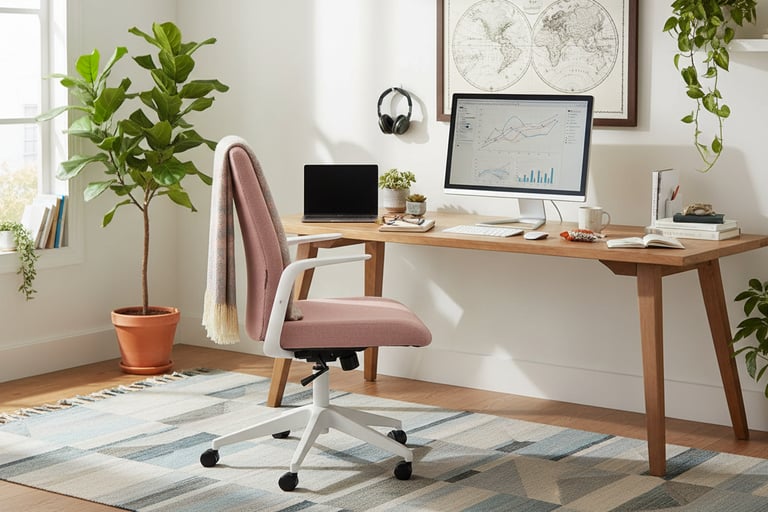 Modern home office featuring a pink ergonomic desk chair and a wooden desk with a computer monitor.