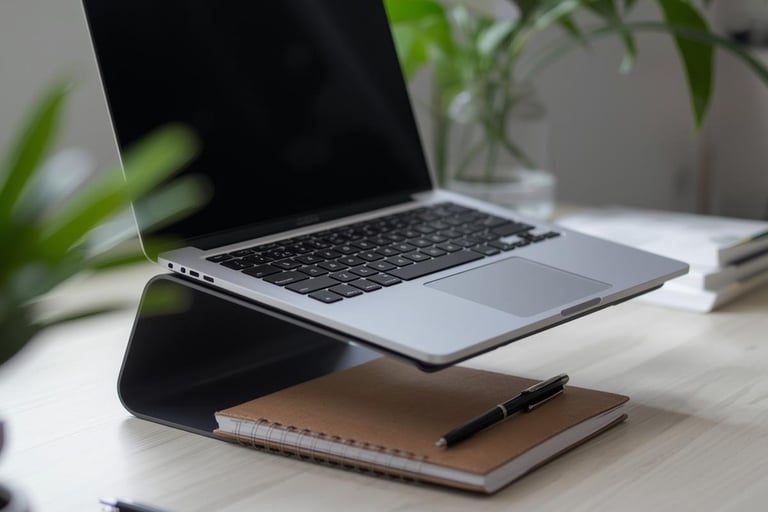 Ergonomic laptop stand on a modern home office desk with a notebook, pen, and green plants.