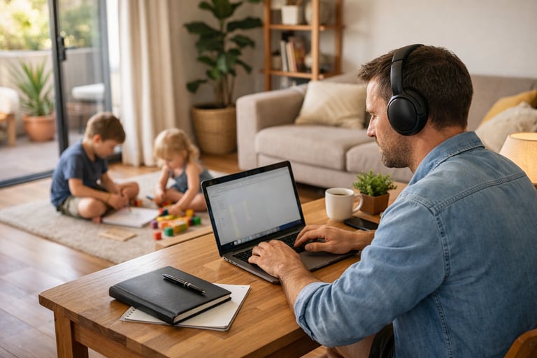 A man wearing noise-canceling headphones works on a laptop at home while children play in the background.