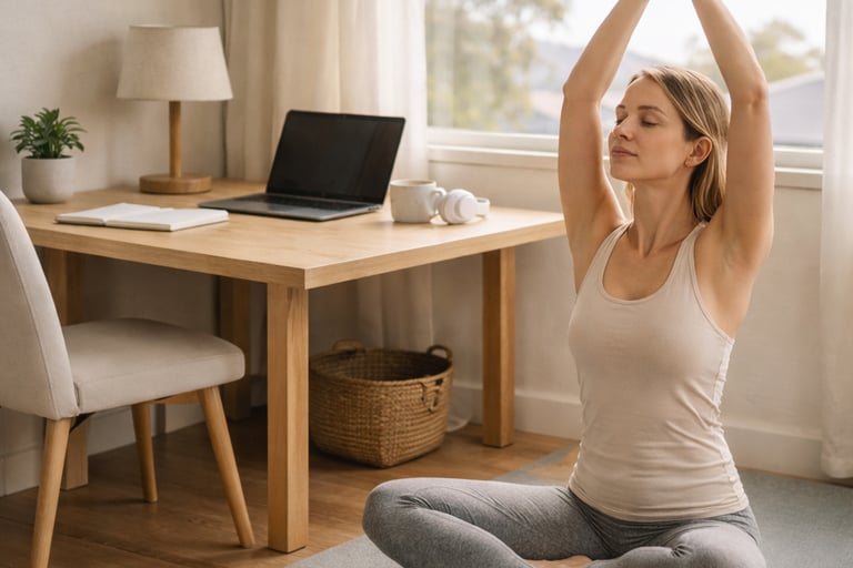 A woman practicing yoga and meditation on a mat in her home office to relieve work stress.
