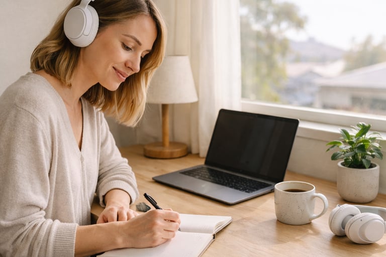 A woman wearing noise-canceling headphones works at a bright home office desk with a laptop and notebook.