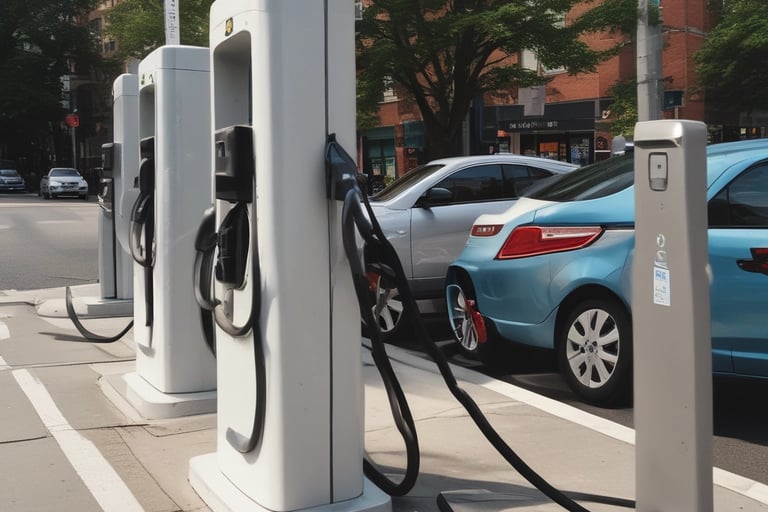 A sleek electric vehicle plugged into a modern charging station glowing softly at dusk.