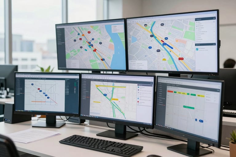A clean, modern North American logistics office with multiple high-definition screens displaying digital maps and fleet tracking data. Bright, natural lighting highlights the organized desk and professional atmosphere.
