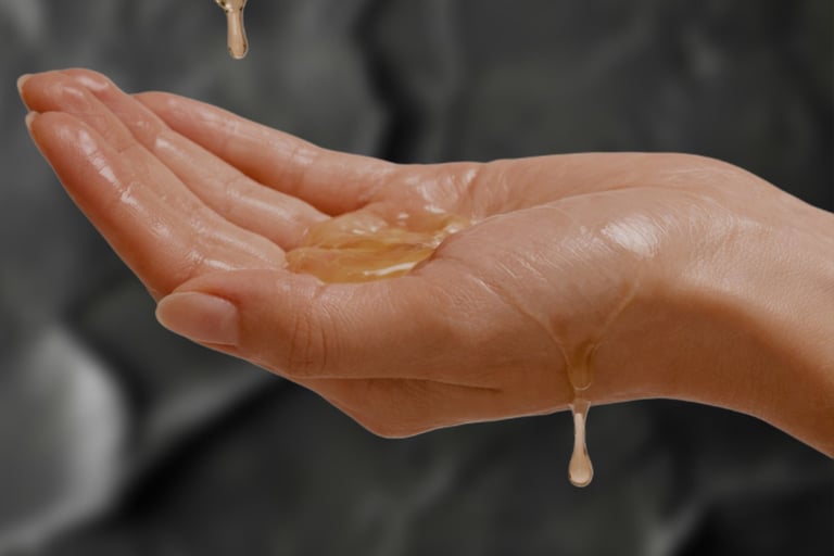 Golden facial oil dripping from a glass dropper into a person's open palm against a dark stone background.