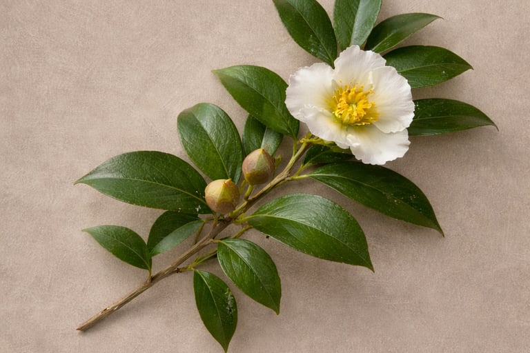A single white camellia flower with green leaves and buds on a textured beige background.