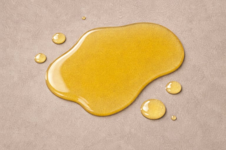 Golden oil puddle and droplets on a neutral beige textured surface.