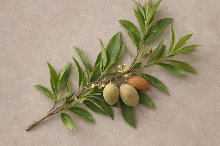 Fresh almond branch with green leaves and raw nuts on a neutral textured background.