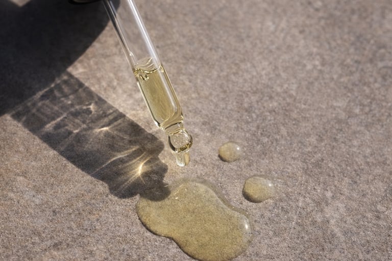 Glass dropper dispensing yellow facial oil serum onto a stone surface in natural sunlight.