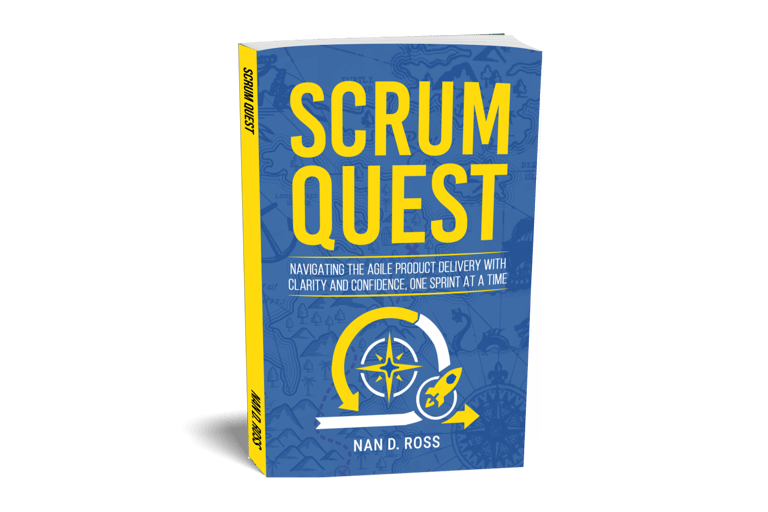 Scrum Quest book cover by Nan D. Ross, featuring agile project management and sprint delivery themes.