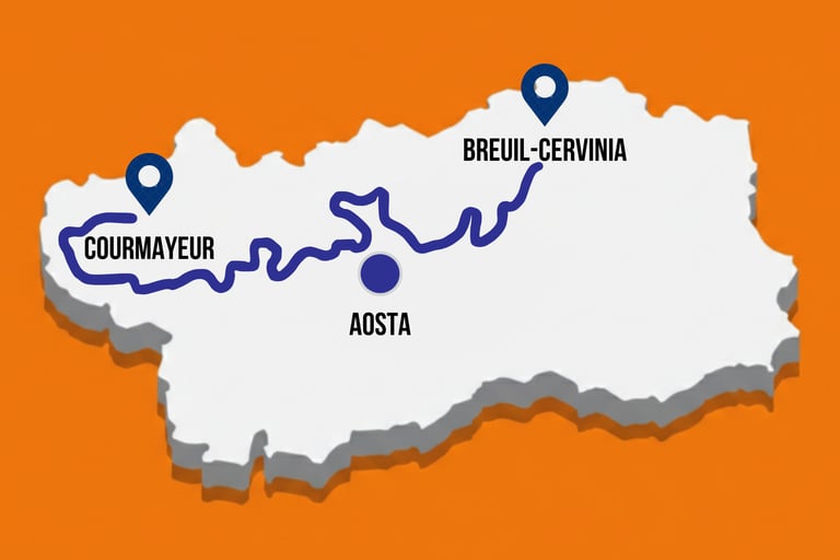 Map of the M2M gravel route from Breuil-Cervinia to Courmayeur through the Aosta Valley
