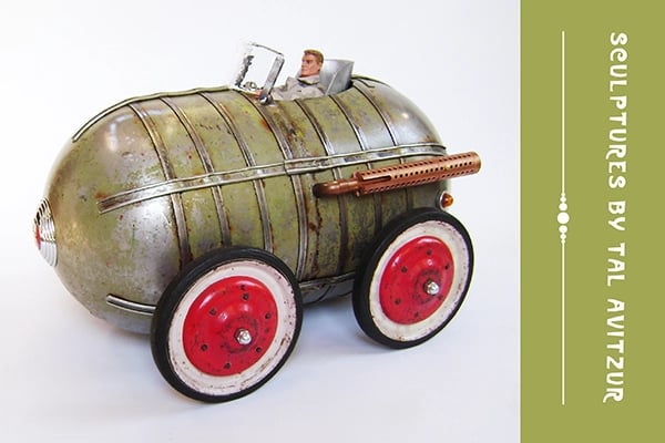 Postcard with image of car sculpture by artist Tal Avitzur.