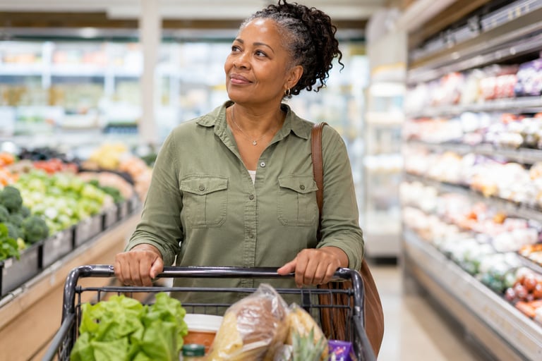A smiling senior woman pushes a shopping cart full of fresh produce and groceries through a supermarket aisle.
