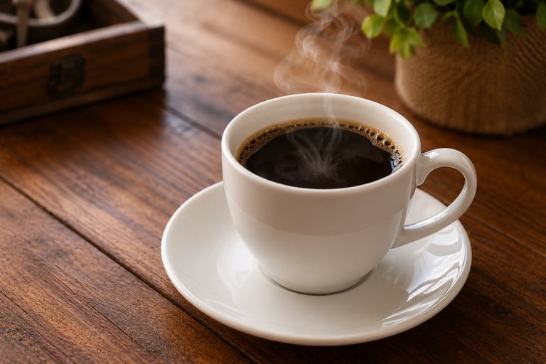 xícara de café quente soltando vapor sobre mesa de madeira