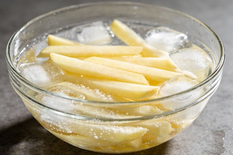 batata fatiadas em um recipiente com agua e gelo