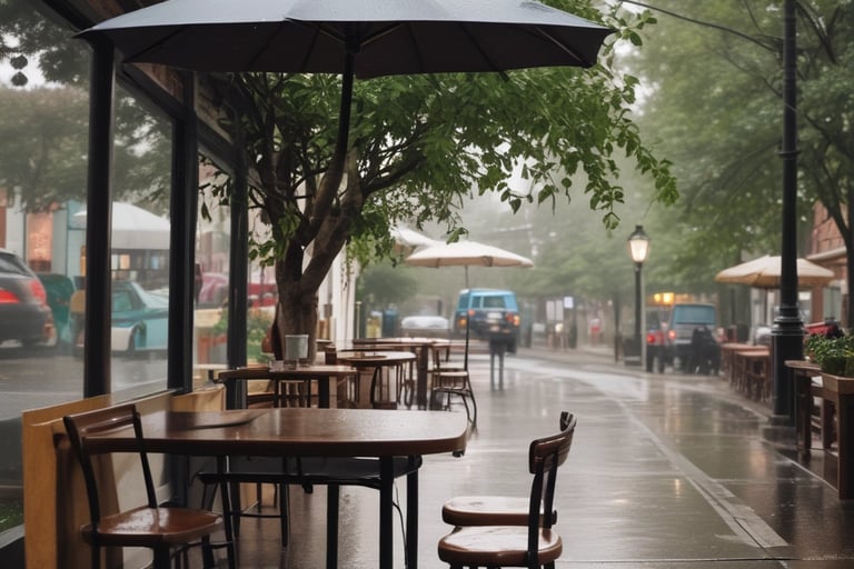 a table with chairs and umbrellas on a rainy day