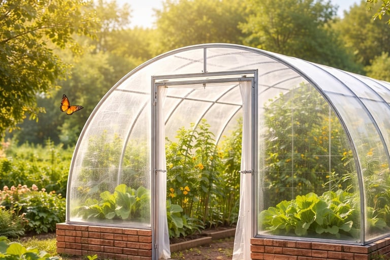 estufa de horta caseira com arcos e plástico transparente e base de tijolos