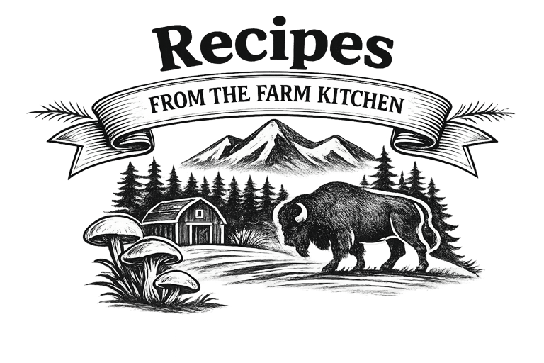 Rustic farm kitchen recipes logo featuring a bison, barn, and mountains in a vintage sketch style.
