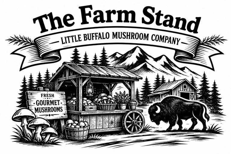 Vintage logo for Little Buffalo Mushroom Company farm stand with mountain landscape and buffalo.