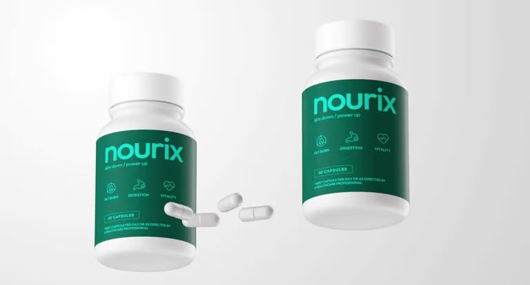 Deux flacons de capsules Nourix avec quelques gélules disposées à côté sur un fond clair.