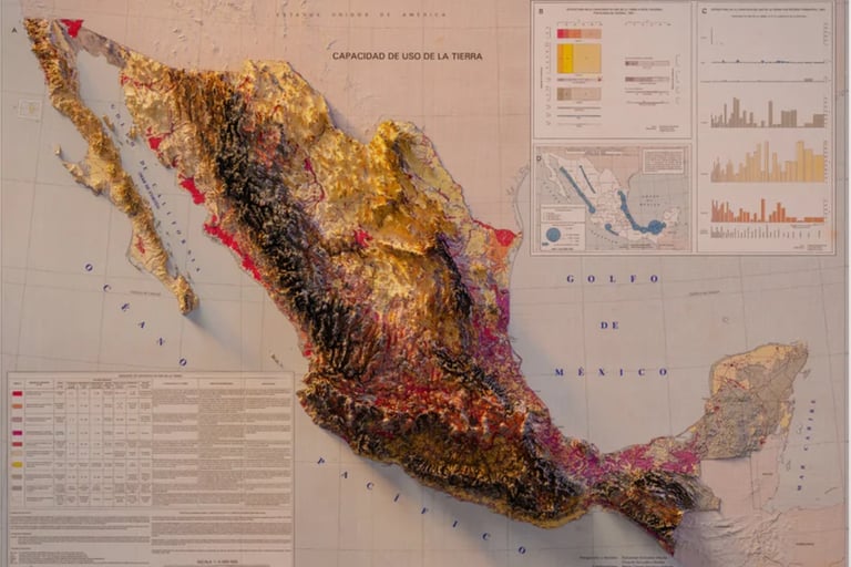 A 3D raised relief map of Mexico displaying land use capacity with topographical texture and data charts.