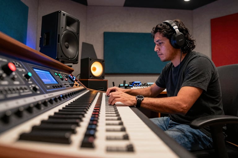 Dynamic low-angle shot of a South American music producer at work behind a large sound desk, colorful studio lights reflecting on equipment, modern and elegant vibe.