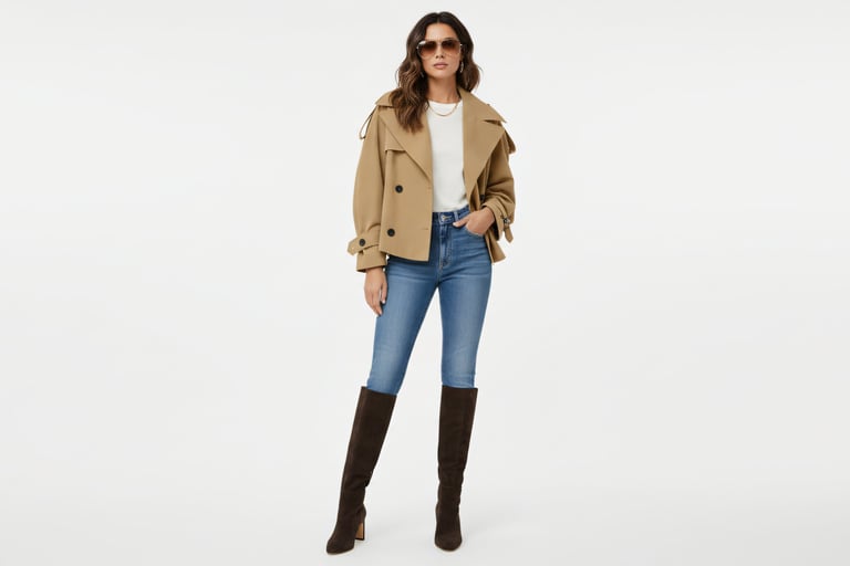 a woman in a copped jacket and boots