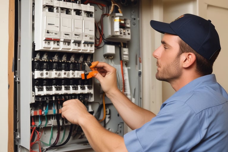 Professional electrician inspecting and repairing a residential electrical circuit breaker panel.