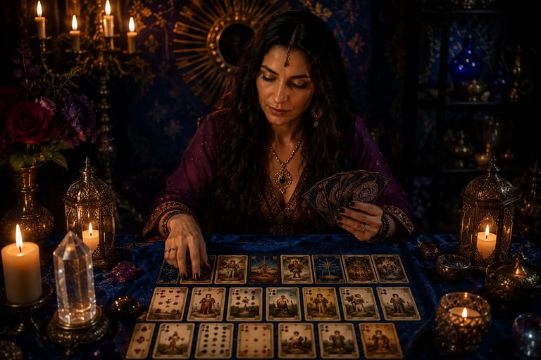 Cartomante fazendo tiragem de tarot e baralho cigano lenormand simultaneamente