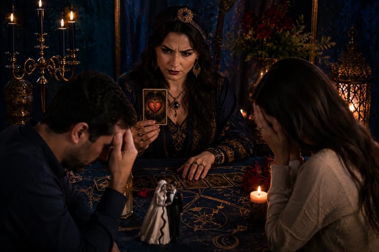 Cartomante experiente realizando consulta de Tarot para casal enfrentando crise no casamento