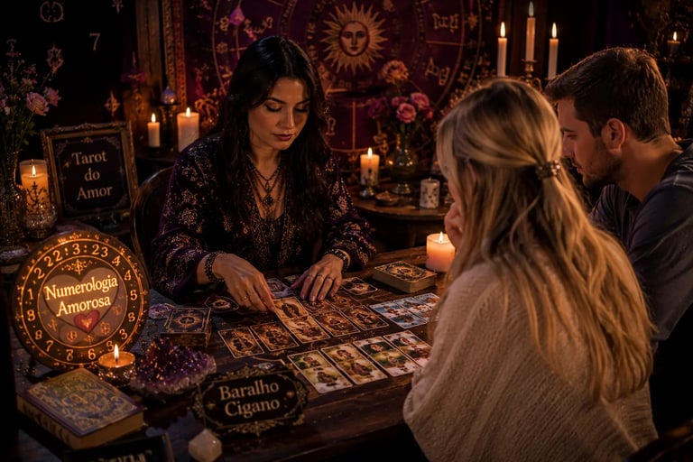 Cartomante realizando consulta de amor através da leitura de Tarot e cartas de Baralho Cigano 