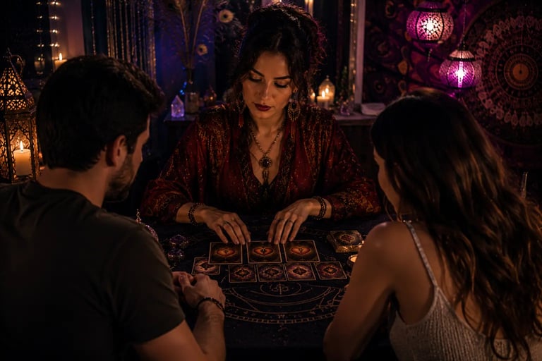 Cartomante analisando a compatibilidade amorosa de um casal através da combinação de cartas de Tarot