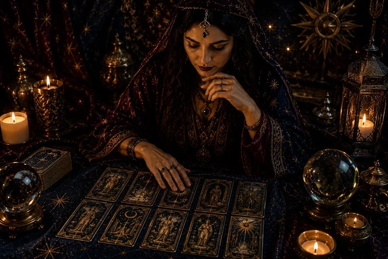 Cartomante analisando posicionamento das cartas em leitura profunda interpretando as combinações 