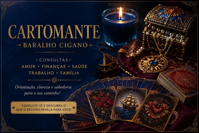 Cartomante faz leitura de destino abrindo cartas de baralho cigano sobre a mesa.