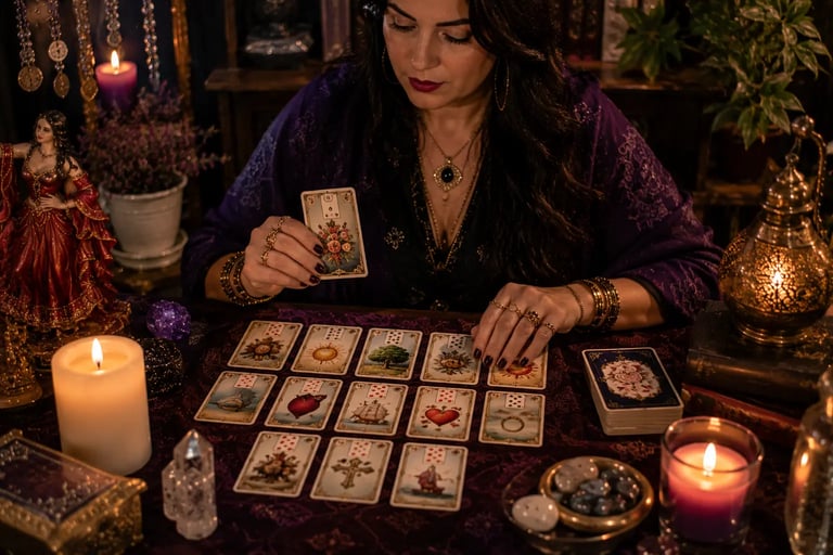 Cartomante realiza leitura de cartas do baralho cigano sobre mesa decorada