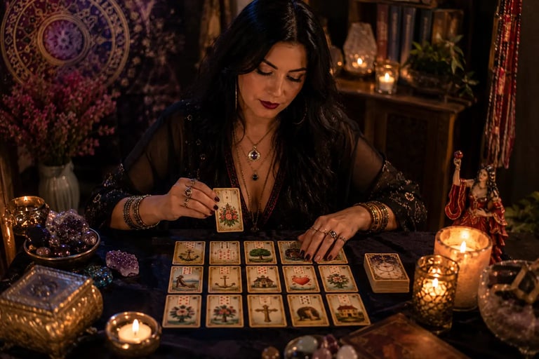 Cartomante faz leitura de cartas ciganas Lenormand sobre a mesa