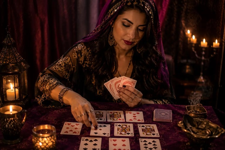  Mulher atua como cartomante em sessão de cartomancia com cartas de baralho comum