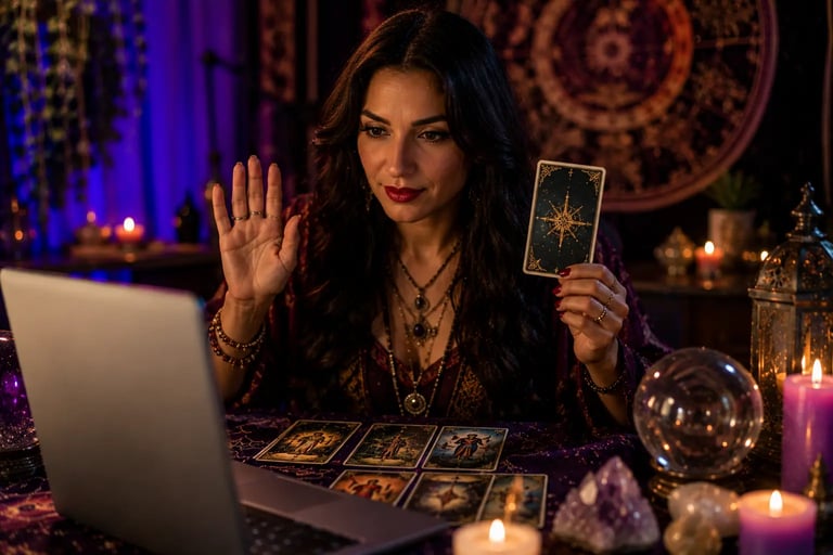 Cartomante realizando atendimento de cartomancia online com tiragem de cartas para previsões