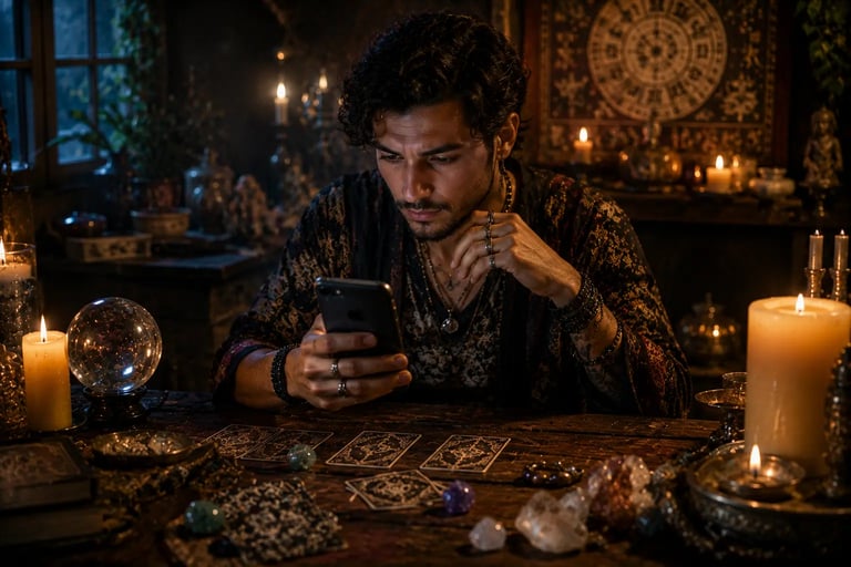 Cartomante realizando consulta por chat em tempo real com leitura de tarot
